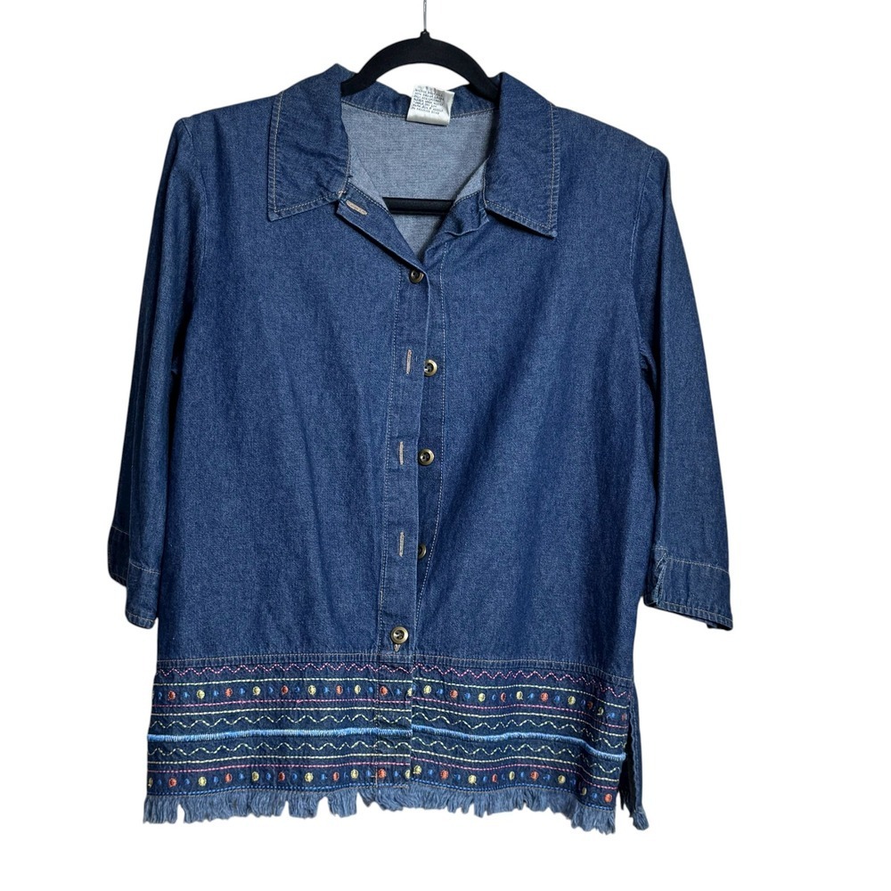 Allison Daley Women Denim Embroidered Fringe Shirt Jacket Blue Size 12